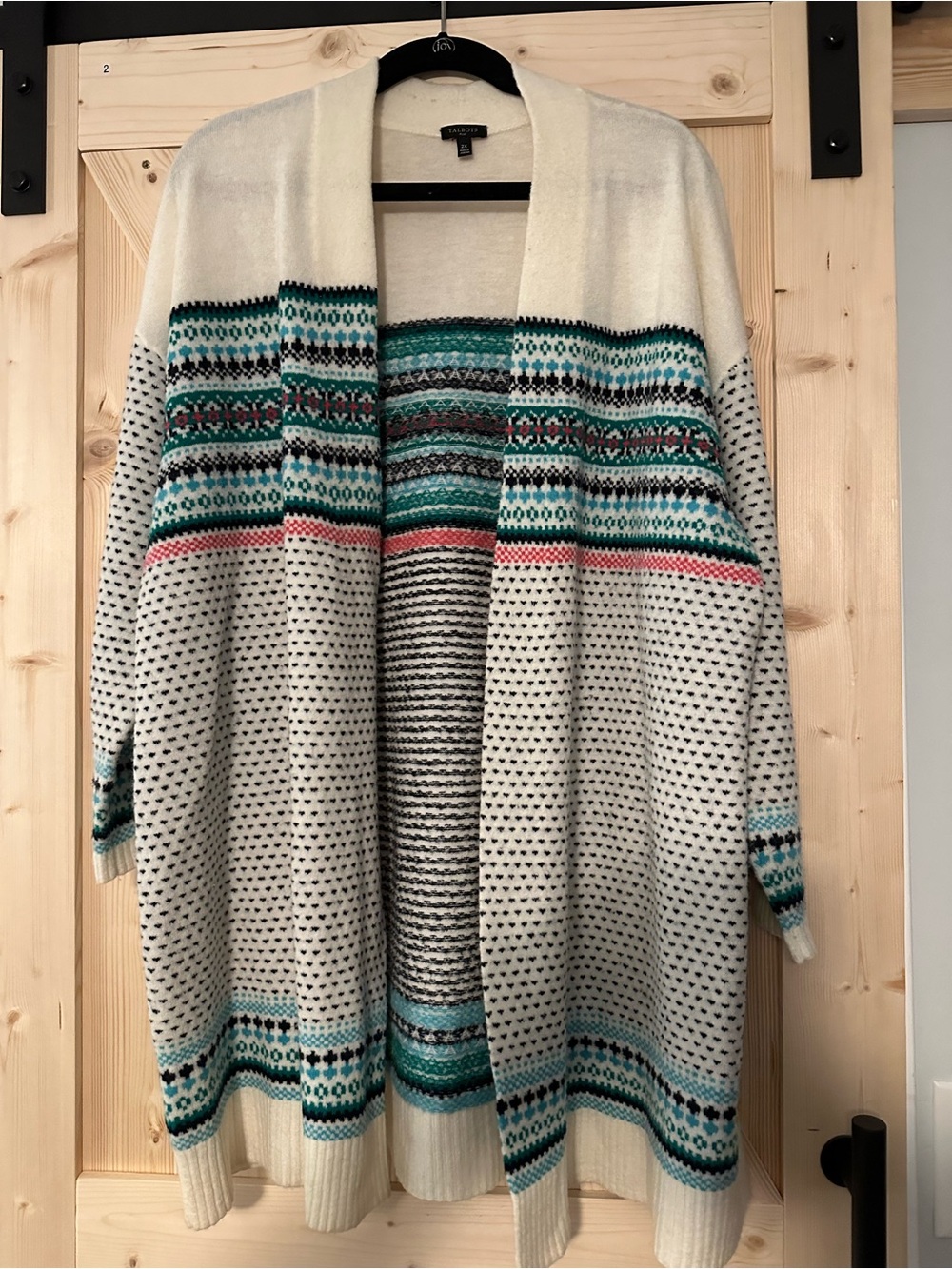 Talbots Cream Open-Front Fair Isle Cardigan with Teal and Coral Accents